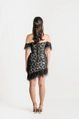 Off Shoulder Feathered Hem Mini Dress