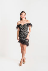 Off Shoulder Feathered Hem Mini Dress