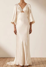 La Lune Ruched Bodice Balloon Sleeve Maxi Dress