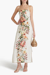 Cutout Floral-Print Linen Midi Dress