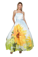 Nadia Sunflower Print Bubble Halter Gown