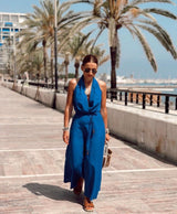 Blue Linen Halter Maxi Dress with Tie