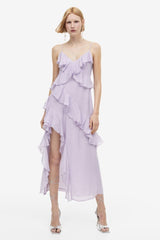 Ruffle Linen Midi Dress with Slit