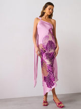 One Shoulder Orchid Maxi Dress with Scarf Detail