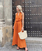 Orange Linen Halter Maxi Dress with Tie