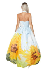 Nadia Sunflower Print Bubble Halter Gown