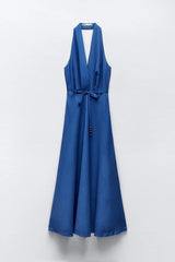 Blue Linen Halter Maxi Dress with Tie