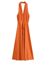 Orange Linen Halter Maxi Dress with Tie