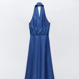 Blue Linen Halter Maxi Dress with Tie
