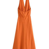 Orange Linen Halter Maxi Dress with Tie