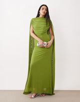 Drape Stretch Fitted Maxi Dress with Cape