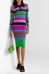 Cutout Faux Fur Trimmed Striped Ribbed Knit Dress