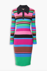 Cutout Faux Fur Trimmed Striped Ribbed Knit Dress