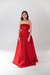 Strapless Plated A Line Gown with 3D Laser Cut Flowers