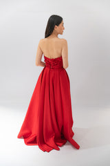 Strapless Plated A Line Gown with 3D Laser Cut Flowers