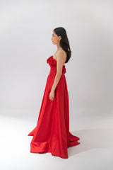 Strapless Plated A Line Gown with 3D Laser Cut Flowers