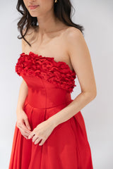 Strapless Plated A Line Gown with 3D Laser Cut Flowers