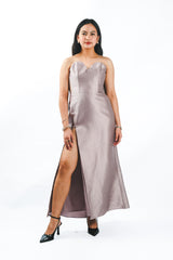 Strapless High Slit Gown with Bow