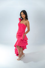 Asymmetric Off Shoulder Ruffle Gown