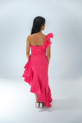 Asymmetric Off Shoulder Ruffle Gown