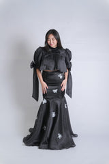 Cropped Puff-Sleeve Modern Filipiniana with Gazar Maxi Skirt with Floral Applique Set