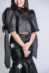 Cropped Puff-Sleeve Modern Filipiniana with Gazar Maxi Skirt with Floral Applique Set