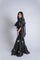 Cropped Puff-Sleeve Modern Filipiniana with Gazar Maxi Skirt with Floral Applique Set