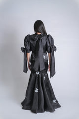 Cropped Puff-Sleeve Modern Filipiniana with Gazar Maxi Skirt with Floral Applique Set