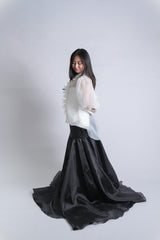 Sheer Long-Sleeve Ruffled Button Down and with Bow Gazar Maxi Skirt Set