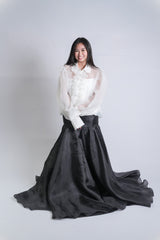 Sheer Long-Sleeve Ruffled Button Down and with Bow Gazar Maxi Skirt Set