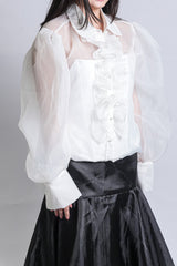 Sheer Long-Sleeve Ruffled Button Down and with Bow Gazar Maxi Skirt Set