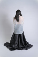 Sheer Long-Sleeve Ruffled Button Down and with Bow Gazar Maxi Skirt Set