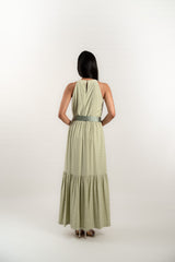 Halter Tier Ruffled Gown with Belt