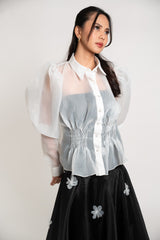 Sheer Puff Long-Sleeve Button Down and Gazar Maxi Skirt with Butterly Applique Set