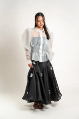 Sheer Puff Long-Sleeve Button Down and Gazar Maxi Skirt with Butterly Applique Set