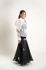 Sheer Puff Long-Sleeve Button Down and Gazar Maxi Skirt with Butterly Applique Set