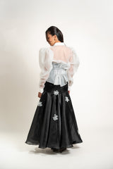 Sheer Puff Long-Sleeve Button Down and Gazar Maxi Skirt with Butterly Applique Set