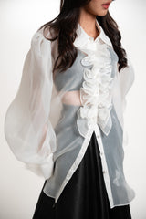 Sheer Long-Sleeve Ruffled Button Down and with Bow Gazar Maxi Skirt Set
