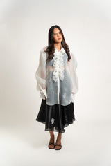 Sheer Long-Sleeve Ruffled Button Down and with Bow Gazar Maxi Skirt Set