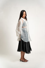 Sheer Long-Sleeve Ruffled Button Down and with Bow Gazar Maxi Skirt Set