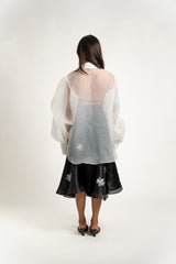 Sheer Long-Sleeve Ruffled Button Down and with Bow Gazar Maxi Skirt Set