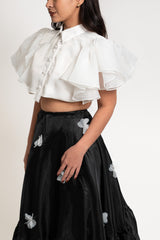 Cropped Puff-Sleeve Modern Filipiniana with Gazar Maxi Skirt with Floral Applique Set