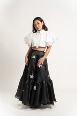 Cropped Puff-Sleeve Modern Filipiniana with Gazar Maxi Skirt with Floral Applique Set