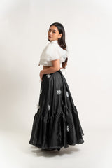Cropped Puff-Sleeve Modern Filipiniana with Gazar Maxi Skirt with Floral Applique Set
