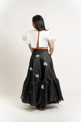 Cropped Puff-Sleeve Modern Filipiniana with Gazar Maxi Skirt with Floral Applique Set