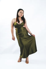 Satin Waist Cut-Out Smocked Back V-Neck Sleeveless Dress