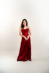 Plunge Neckline Strapless Silk Gown with Slit