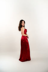 Plunge Neckline Strapless Silk Gown with Slit