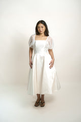 Puff Sleeve A-Line Midi Dress with Bow