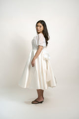 Puff Sleeve A-Line Midi Dress with Bow